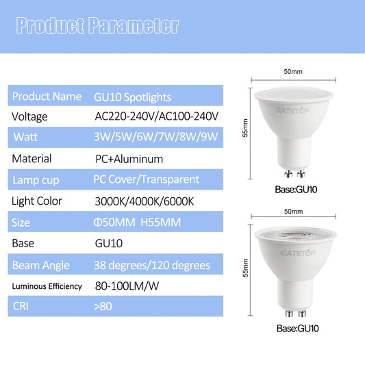 8pcs Led Bulb Lamps GU10 AC 220V 110V Light Spot Real Power 3W 5W 6W 7W 8W 9W Warm White Cold White Lampada for Home Leds Lamp