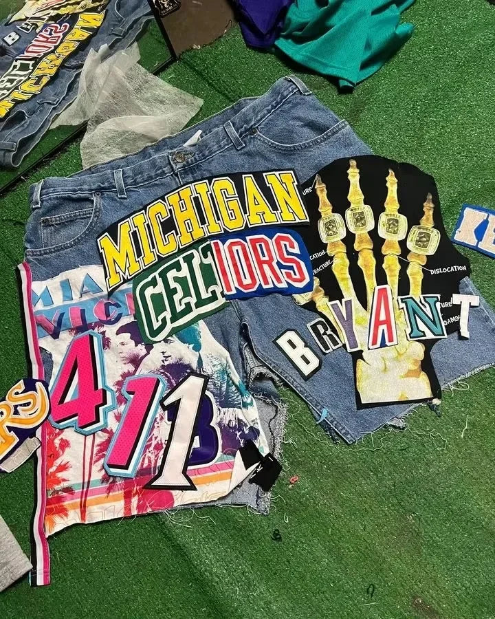 American Retro Denim Shorts, Y2K Jeans Harajuku Hip Hop Cartoon Embroidery Retro Baggy Shorts, Low Waist Sports Basketball Shorts