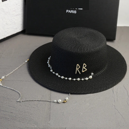 New Women's Summer Hats, Straw Sun Hat, Panama, Elegant Straw Fedoras, Lady Girl Outdoor Vacation with Pearl Chain Sunshade Beach Hat