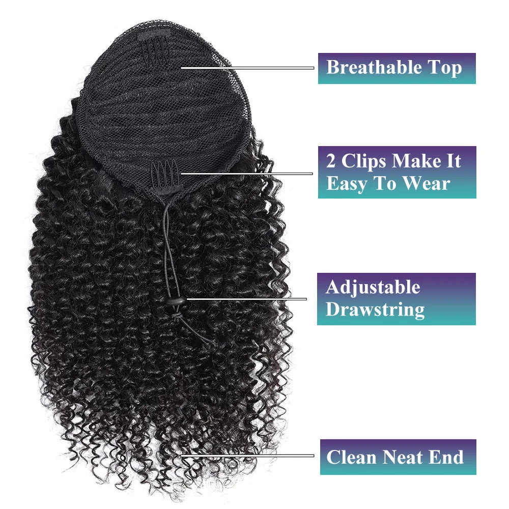 Deep Wave Drawstring Ponytail, Human Hair Ponytails, #1B Natural Black Curly Clip In Hair Extensions For Daily Cosplay, 1 Piece