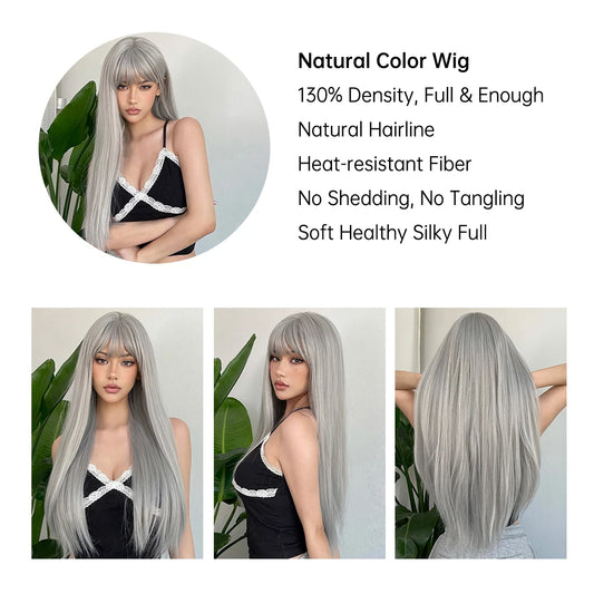 Long Straight Silver Ash Gray Synthetic Wigs Lolita Cosplay Natural Hair with Bangs for White Women Party Daily Heat Resistant