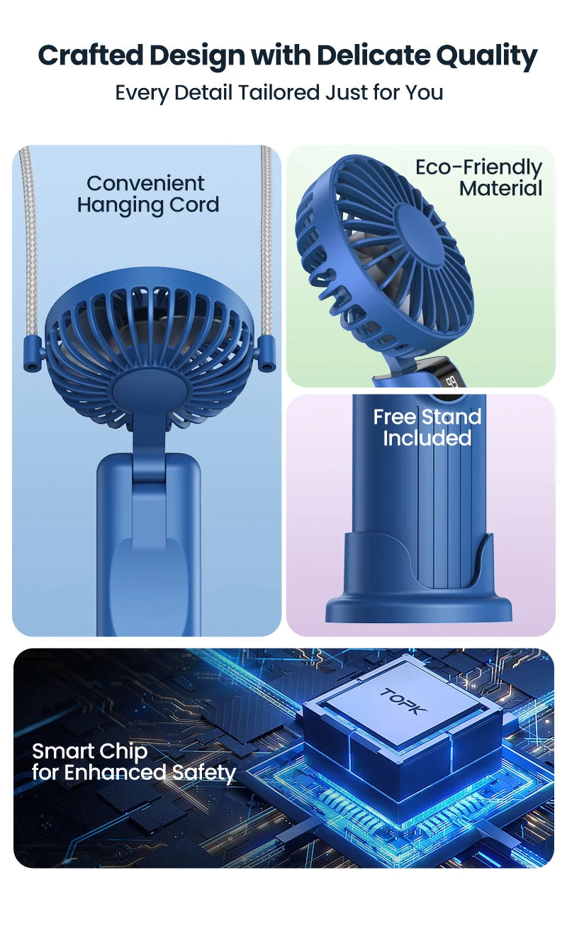 TOPK 5000mAh Mini Portable Fan USB Rechargeable Hand Held Fan,Small Pocket Fan 3 Speeds with Lanyard &Base, USB Desk Fan Foldable
