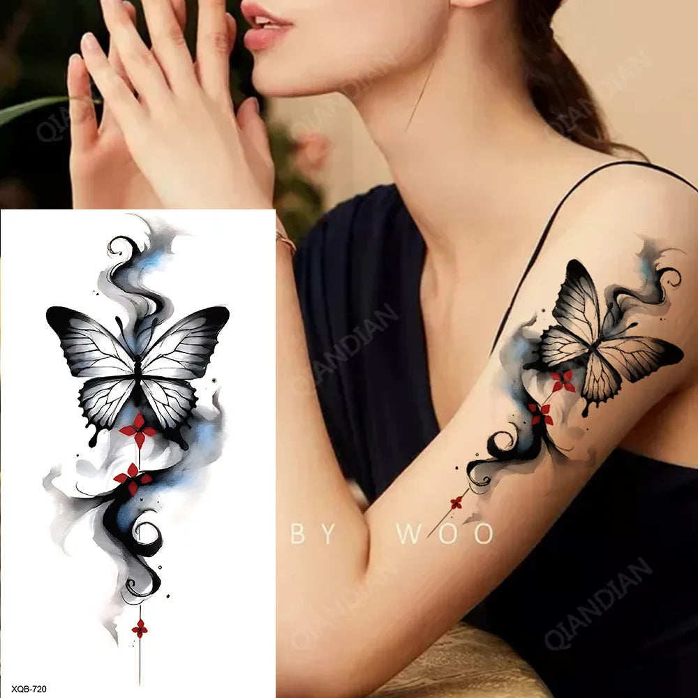 Black Flower Waterproof Temporary Tattoo Sticker, Beauty Butterfly Rose for Women, 3D Flash Body Arm Art Washable Fake Tattoos