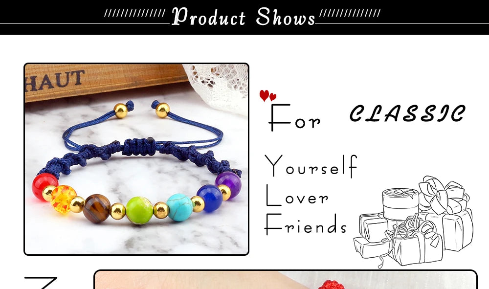 Reiki 7 Chakra Bracelet, Natural Stone Rope, Braided Yoga Healing Gold Color Copper Beads Bracelets & Bangles Meditation Jewelry