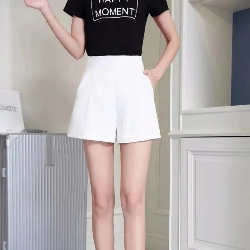 Women Shorts, Spring Summer Casual High Waist A-line Shorts, Loose Wide Leg Shorts, Chic Lady Black White Suit Shorts