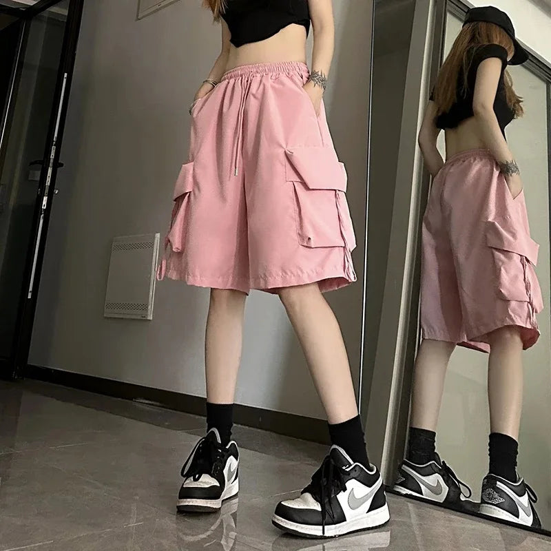 Women High Waist Cargo Shorts, American Style Streetwear, Summer Wide Leg Pants, Fashion Female Big Pocket Loose Shorts New, ZOKI