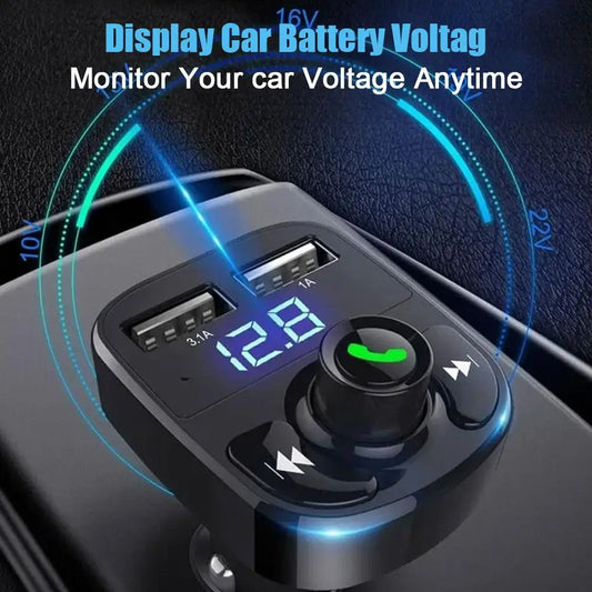 Transmisor FM Bluetooth inalámbrico y reproductor de MP3 con llamadas manos libres, receptor de radio, cargador dual USB y adaptador estéreo de música