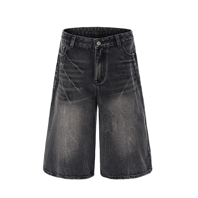 American Lightning Crack Black Grey Jeans, Men's Straight Tube Loose Wide Leg Shorts, Y2k Street Hip Hop Sevens