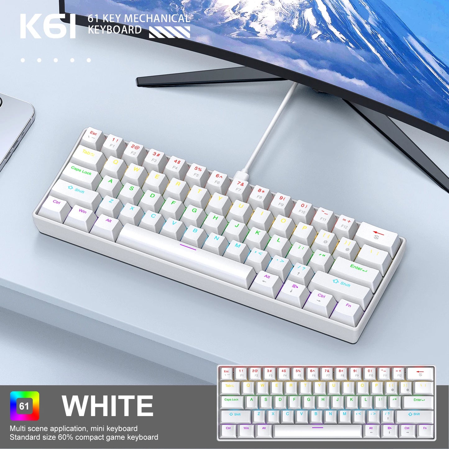 K61 Wired Portable Mechanical Keyboard, Phantom RGB Colorful, Gaming-grade Response, Ergonomic Design, Usable for Gaming and Office
