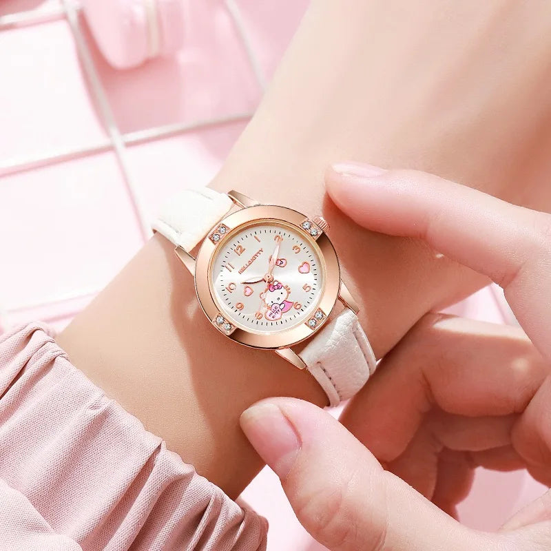Sanrio Hello Kitty Children's Watch, Cinnamoroll Kuromi My Melody Cute Cartoon Rose Gold Wristwatch with Diamond, Children's Quartz Watch
