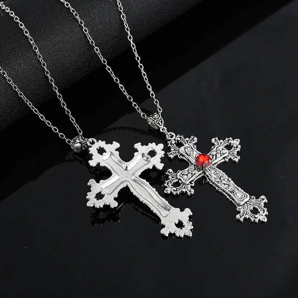 Y2K Punk Crystal Big Cross Pendant Necklaces for Women Men, Gothic Irregular Cross Clavicle Chain Necklaces, Aesthetic Jewelry