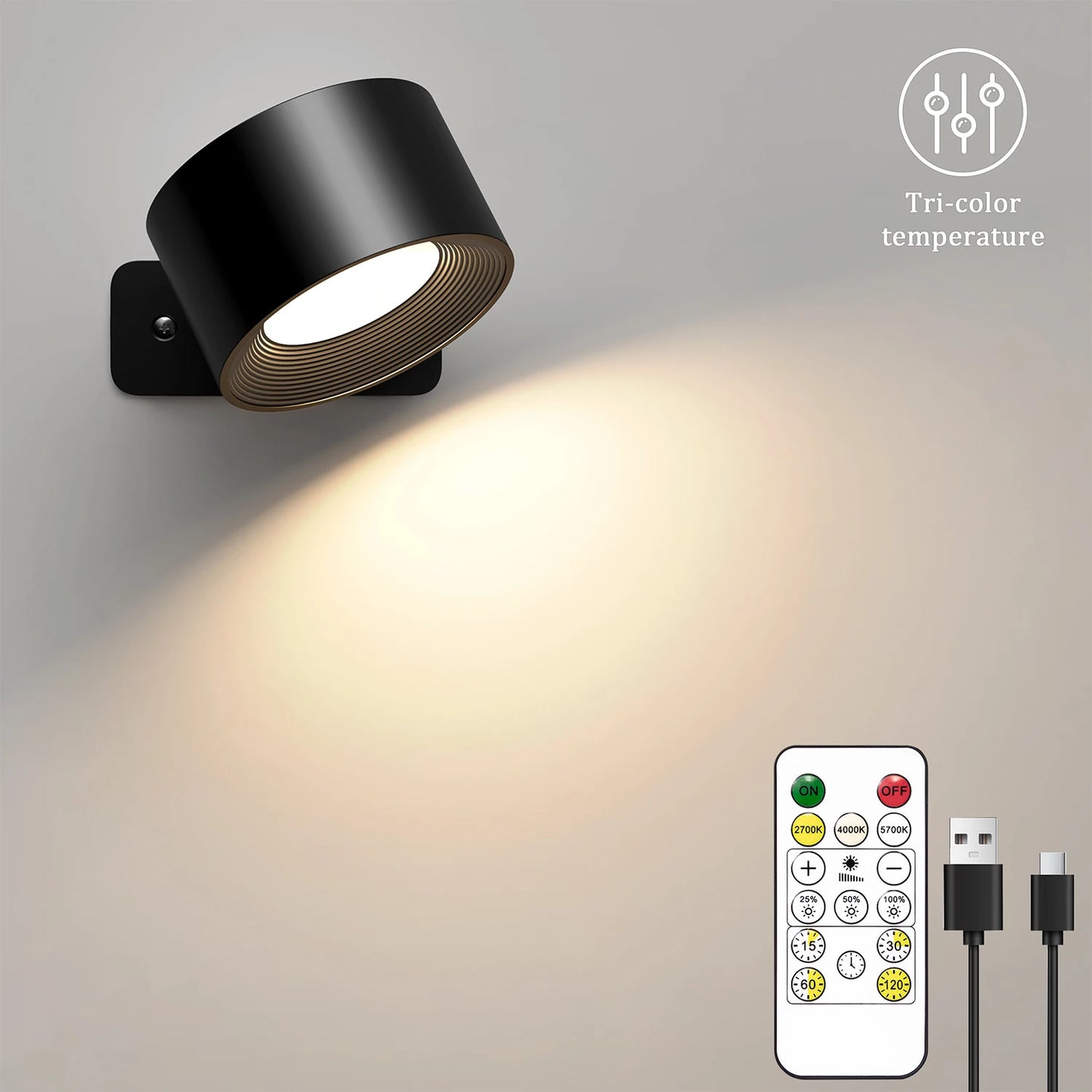 LED Wall Lights with Remote, Rechargeable Wall Mounted Reading Sconces Lamp 2000mAh, 3 Colors & Dimmable Magnetic 360° Rotation