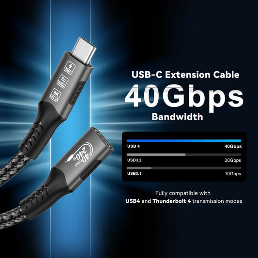 Cable alargador 8K USB C 4, carga rápida, extensor macho a hembra tipo C, vídeo UHD 40Gbps 240W PD3.1 con Thunderbolt 4/3