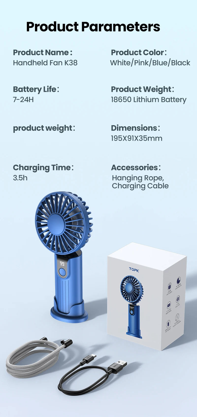 TOPK 5000mAh Mini Portable Fan USB Rechargeable Hand Held Fan,Small Pocket Fan 3 Speeds with Lanyard &Base, USB Desk Fan Foldable