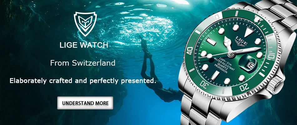 Luxury Fashion Diver Watch For Men, 30ATM Waterproof Date Clock, Sports Watch For Mens, Quartz Wristwatch, Relogio Masculino, LIGE Top Brand