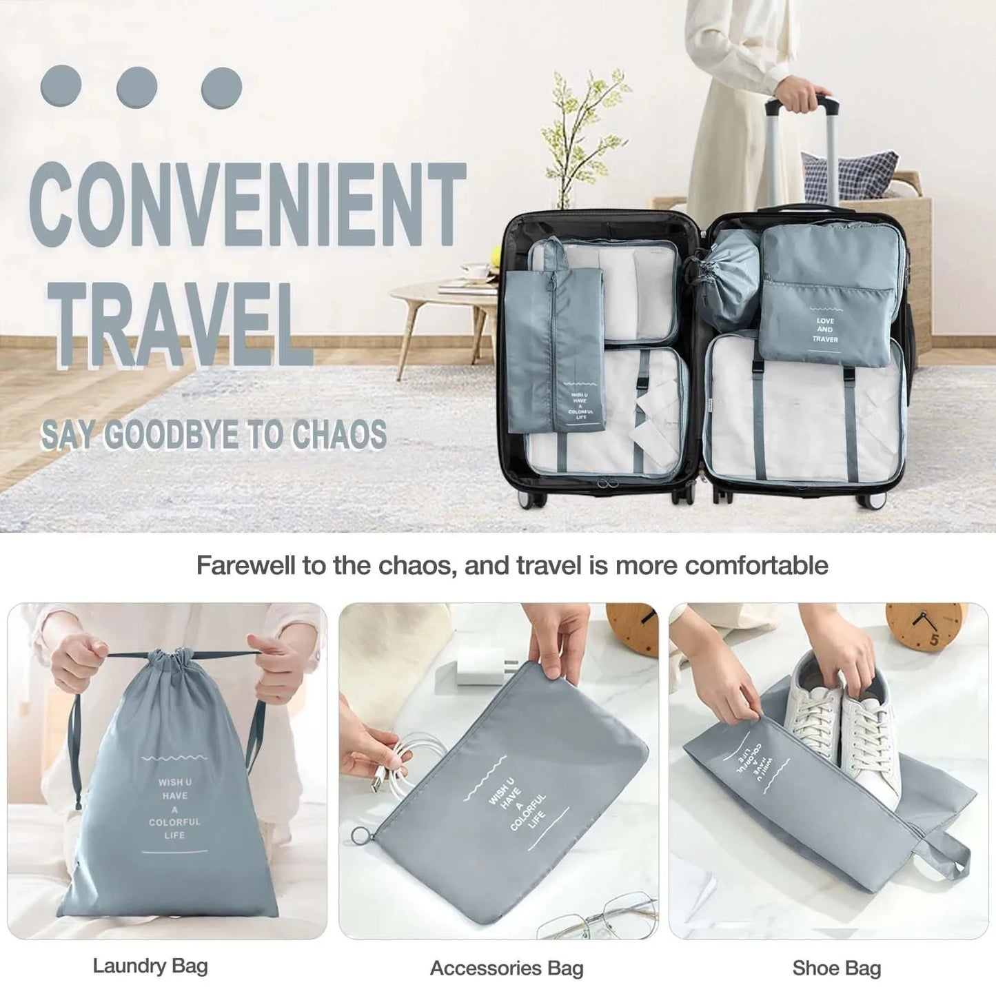7Pcs Travel Organizer Set, Folding Storage Bags, Wardrobe Cube Suitcase Packing Luggage for Clothes & Shoes