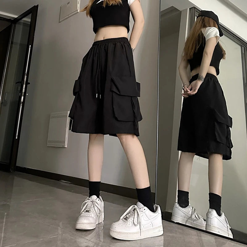 Women High Waist Cargo Shorts, American Style Streetwear, Summer Wide Leg Pants, Fashion Female Big Pocket Loose Shorts New, ZOKI