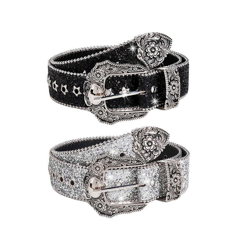 Personality Gothic Rhinestone Belts For Women Girl, Fashion PU Leather Belts, Western Cowboy Y2K Retro Jeans Skirt Decor Waistband