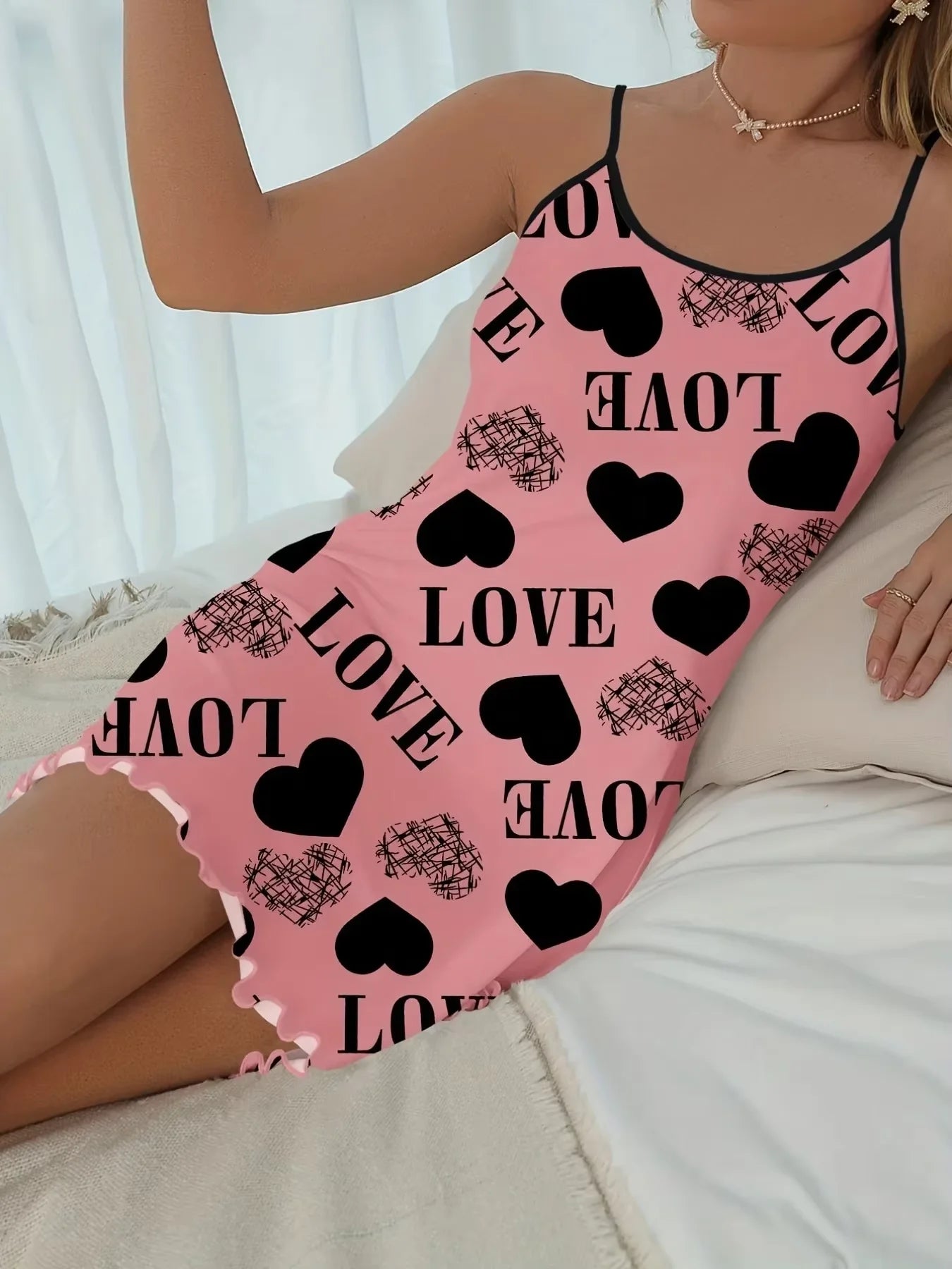 Women Summer Camisole Nightgown, Backless Heart LOVE Print Soft Breathable Sleepwear, Ruffle Hem Round Neck Night Dress
