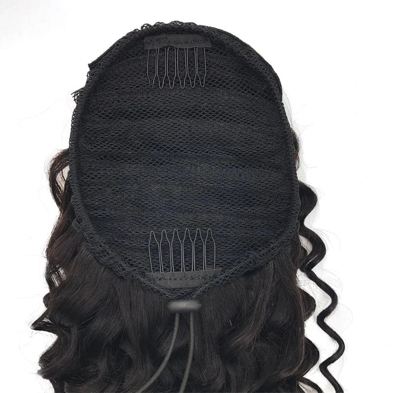 Deep Wave Drawstring Ponytail, Human Hair Ponytails, #1B Natural Black Curly Clip In Hair Extensions For Daily Cosplay, 1 Piece