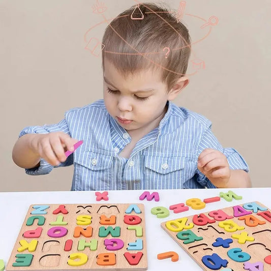 3D Colorful Alphabet and Number Puzzle Montessori Wooden Puzzles Matching Games Early Education Toys Mathematics Shape Cognition
