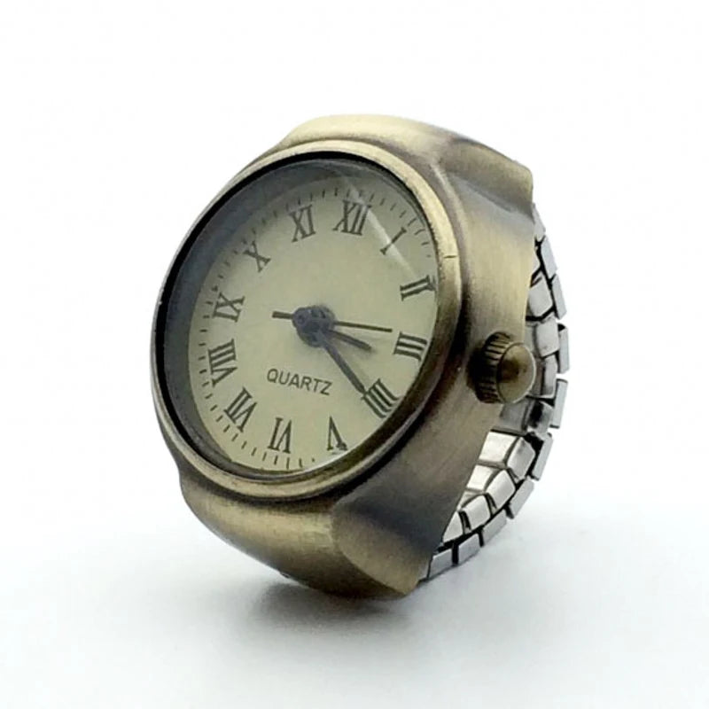 Vintage Punk Finger Watch, Mini Elastic Strap Alloy Watch, Couple Rings, Jewelry Clock, Retro Roman Quartz Watch Rings, For Women, For Men