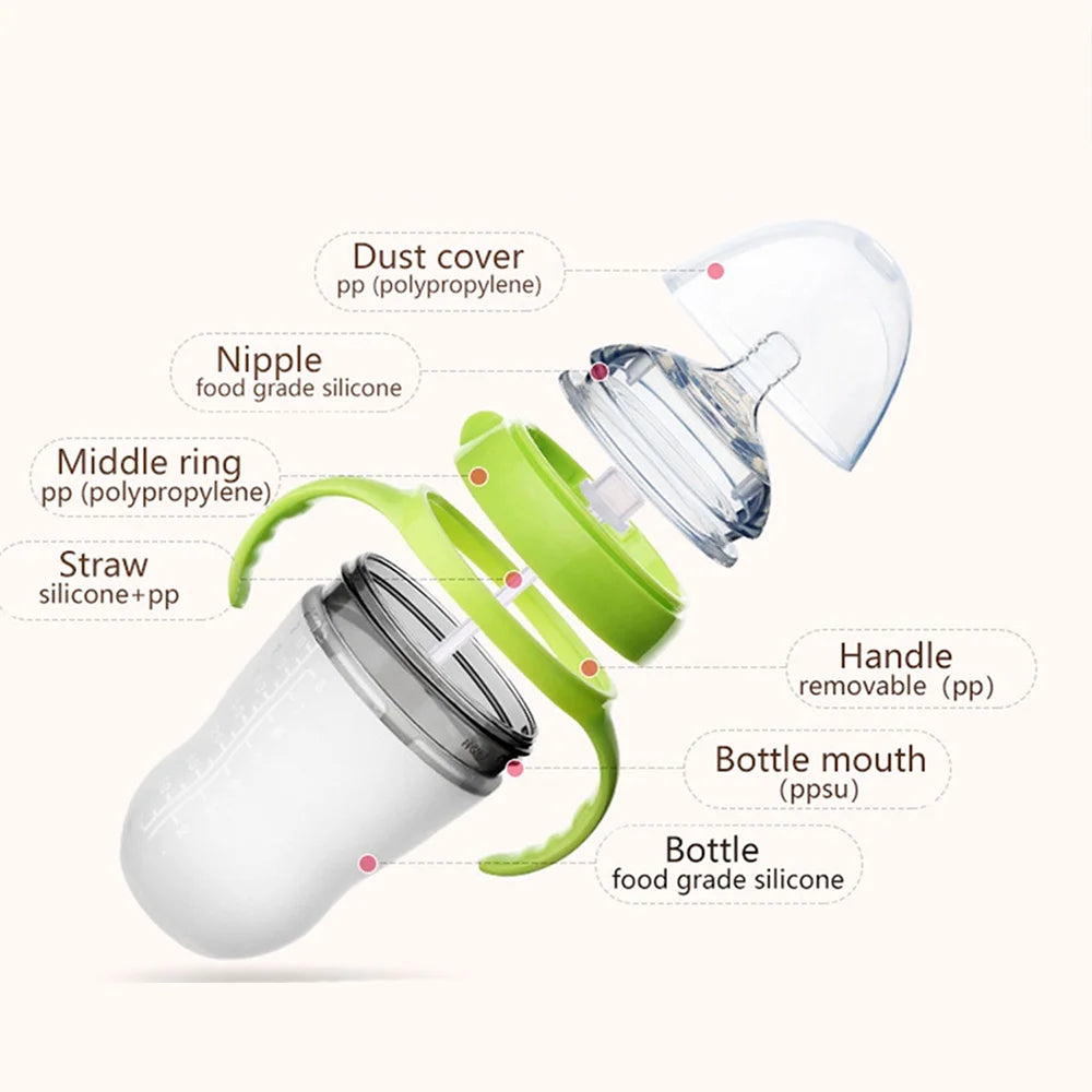 New 0-36 months baby nano-silicone bottle, 240ml 150ml Baby Bottle with handle Breastmilk-like design Soft milk pulling