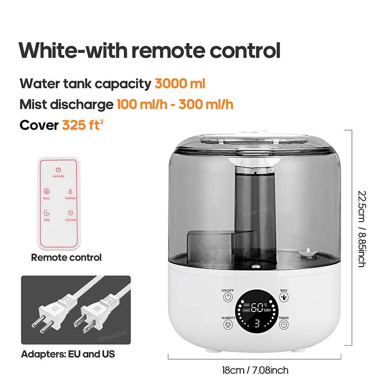 3Liter Air Humidifier Professional Large Capacity Home Humidifier, Plant Mist Aroma Diffuser with Remote Control Timer, KINSCOTER