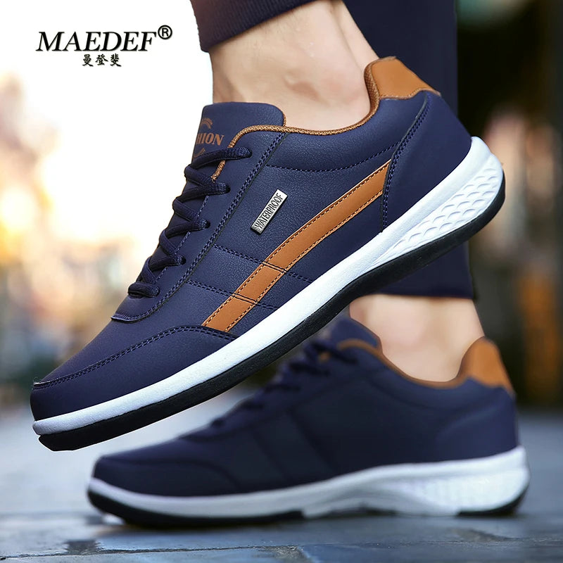 Men Leather Sneaker, Waterproof Casual Comfortable Men's Sneaker, Lace Up Footwear, Vulcanized Man Shoe Masculino, MAEDEF