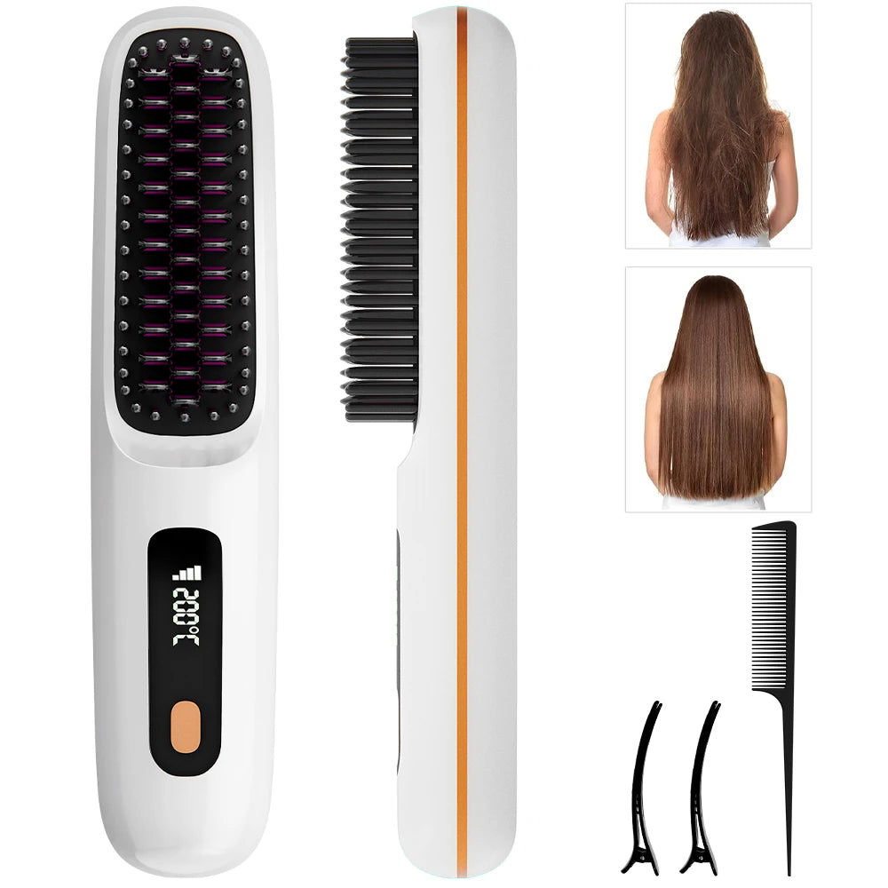 Rechargeable Hair Straightener Brush, Ionic Straightening Comb - 20s Fast Heating, 3 Temp Settings & LED Display for Home Salon