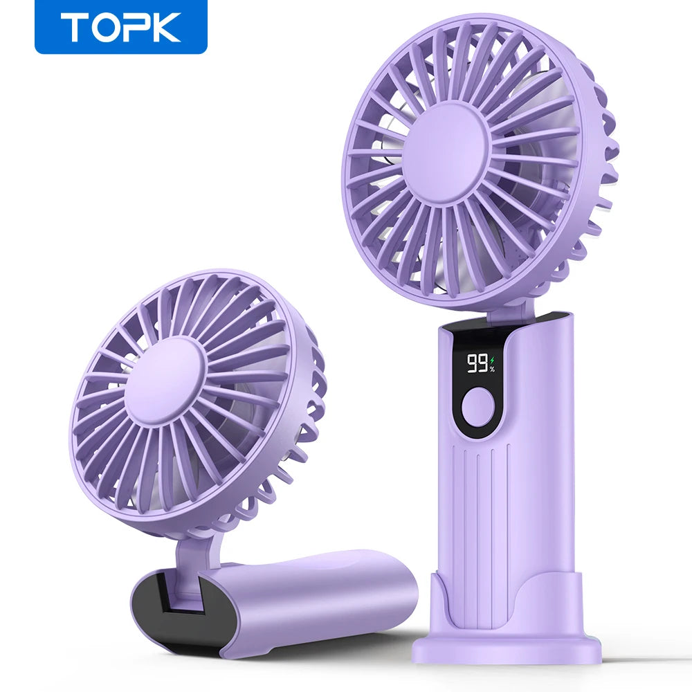 TOPK 5000mAh Mini Portable Fan USB Rechargeable Hand Held Fan,Small Pocket Fan 3 Speeds with Lanyard &Base, USB Desk Fan Foldable