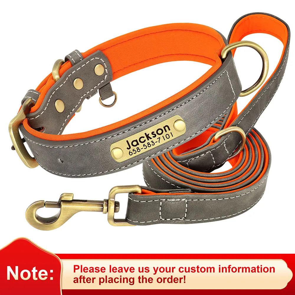 Personalized Dog Collar Leash PU Leather Dogs Collars Pet Rope Engraved Pet ID Name Necklace for Small Large Dogs Soft Padded