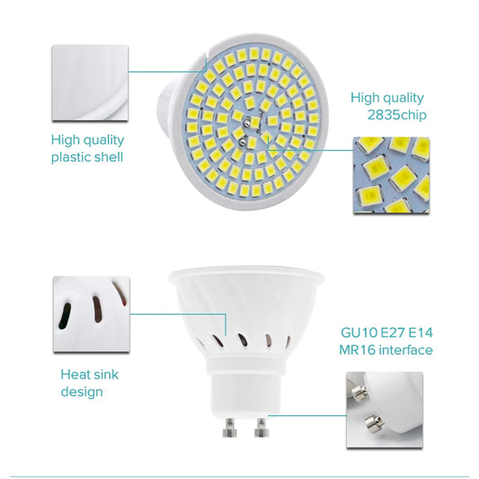 5pcs/lot Lampada LED Bulb GU10 E27 E14 MR16 3W 5W 7W 220V 240V Bombillas LED Lamp SMD 2835 48LED 60LED 80LED Spotlight