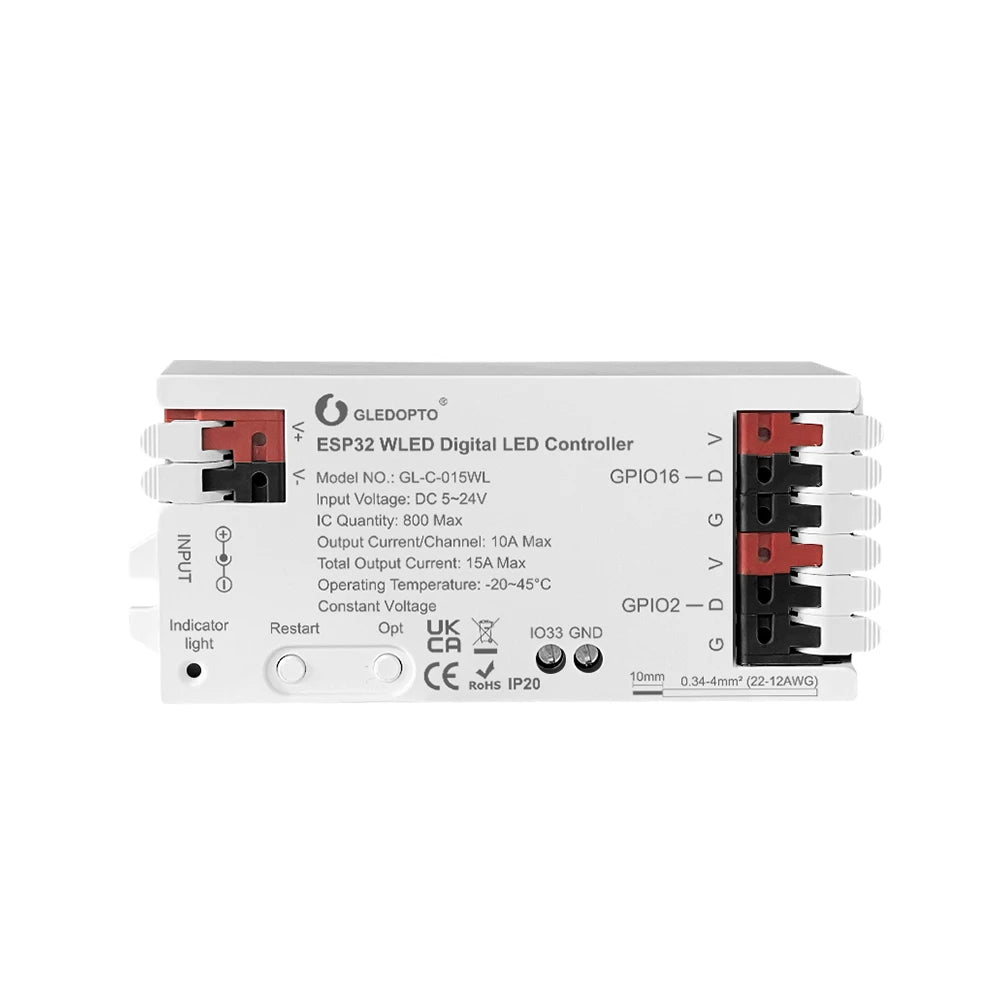 WLED LED Controller, ESP32, Mic Music UART RGB IC Digital Lights Addressable String Lighting, GLEDOPTO