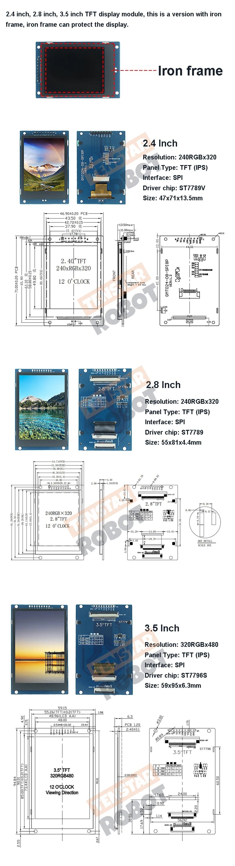 TENSTAR ROBO 2.4 / 2.8 / 3.5 Inch 240x320 320x480 SPI TFT Serial Port Module 5V/3.3V PCB Adapter, ST7789V/ST7796S LCD Display