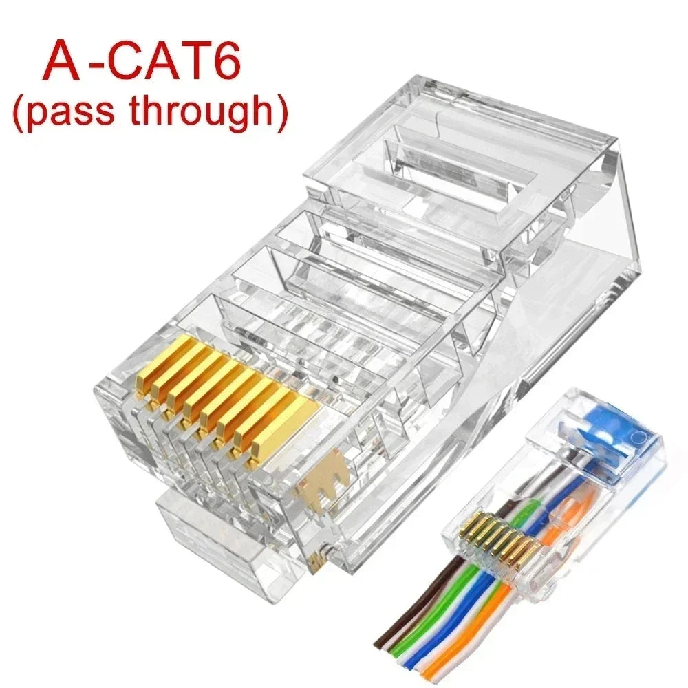 1-50Pcs, RJ45 CAT6 CAT5e Pass Through Connectors, Crystal End Gold-Plated 8P8C Crimp UTP Standard Ethernet Network Modular Plug