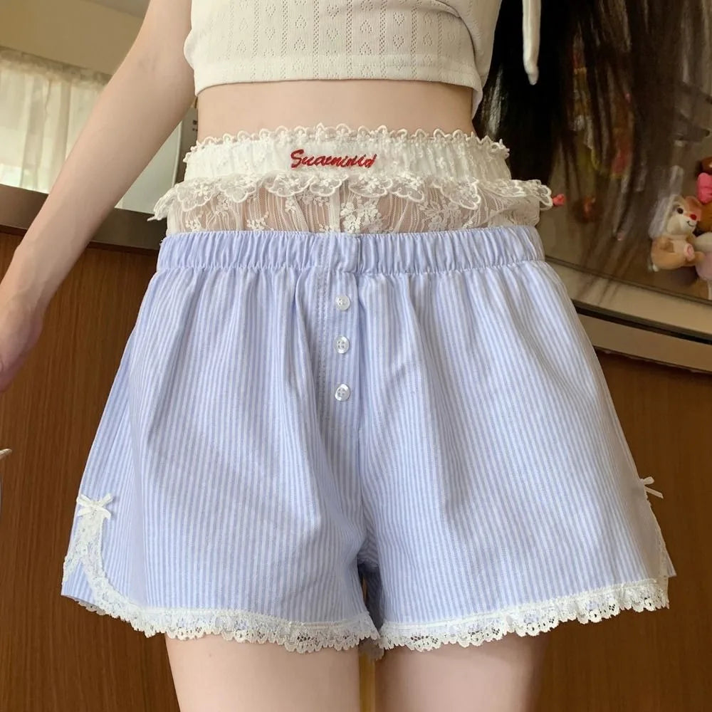 Sexy Cute Summer Striped Shorts, Blue Pink Elastic Waist Shorts, Button Embroidered Lace Shorts, Leggings for Women Girl