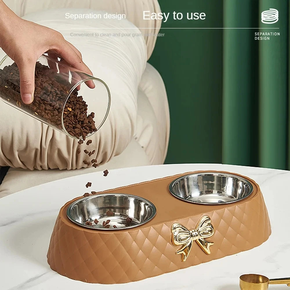 Pet Supplies, Bow-tie Bowknot Cats Food Bowl, PP Base Dog Bowl, Stainless Steel Double Pet Accessories, Feeding Drinking Double Bowl
