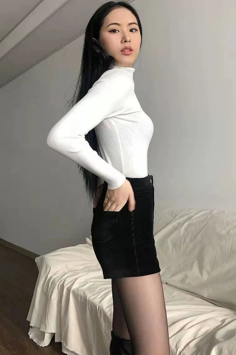 Women's Black Goth Pants Shorts, High Waist Spring Autumn Fashion, Tight Sexy Stretch Y2K Corduroy Female Casual Pants
