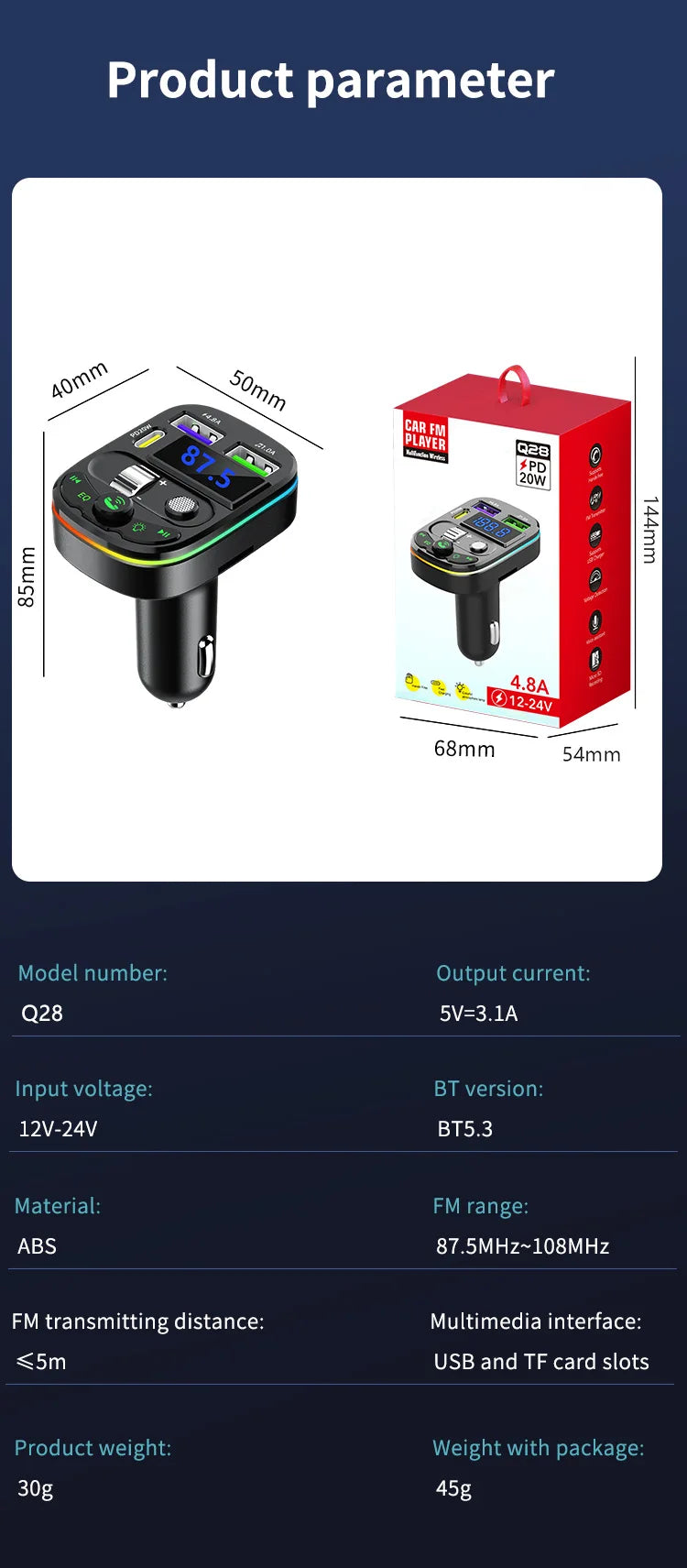 Bluetooth 5.0 Car FM Transmitter Handsfree Radio Handsfree MP3 Player Car Kit 20W PD QC3.0 Quick Charge Dual USB Charger Adapter