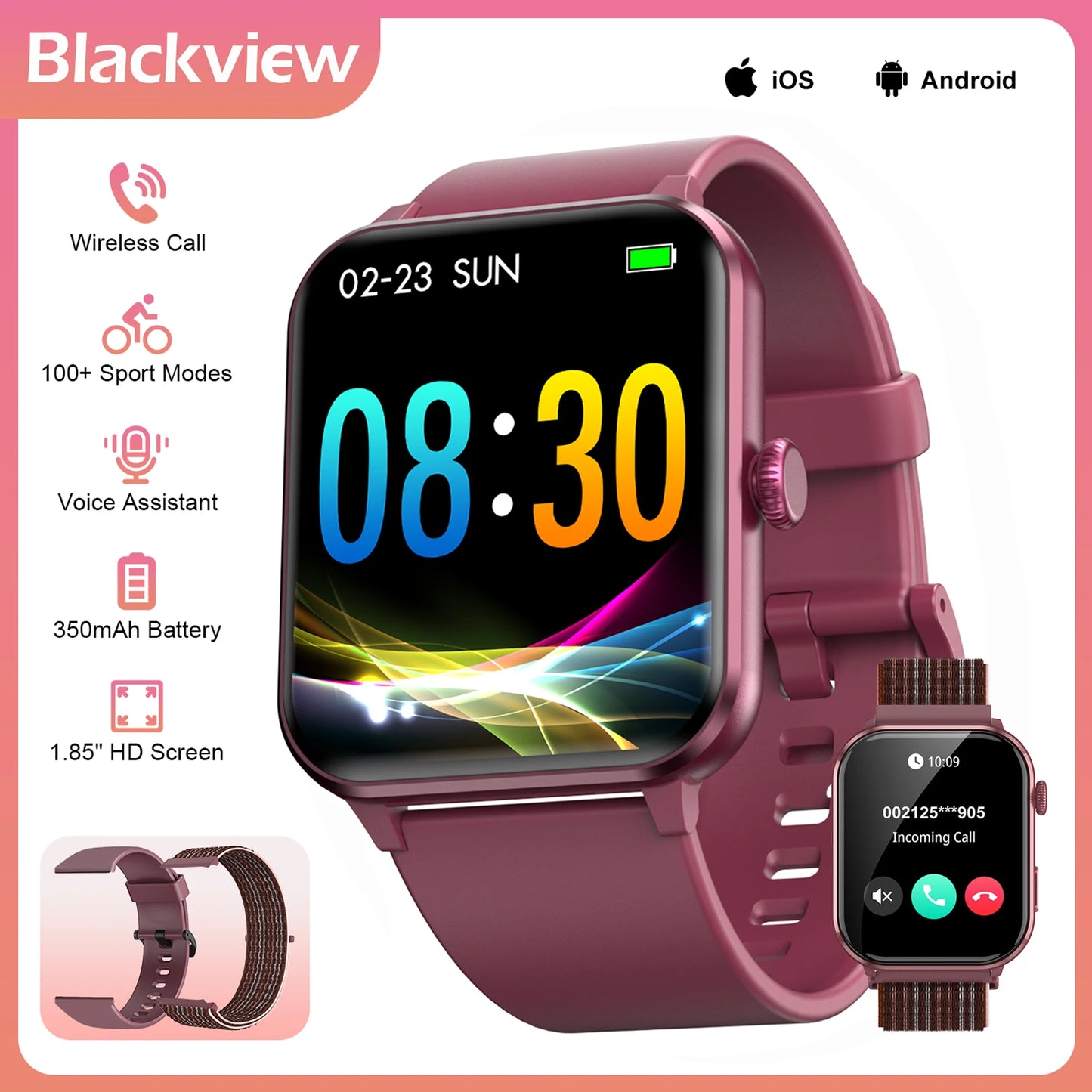 Blackview R50 Smart Watch, Heart Rate Monitor 1.85'' HD Screen, 100+ Sport Modes, Men Women, Outdoor Watch for IOS Android