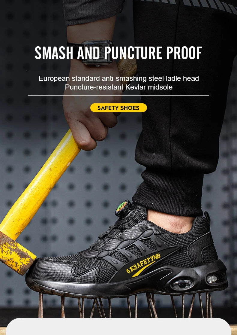 Men Rotating Button Safety Shoes, Steel Toe Work Sneakers, Indestructible Shoes, Puncture-Proof Work Boots, Air Cushion Safety Shoes