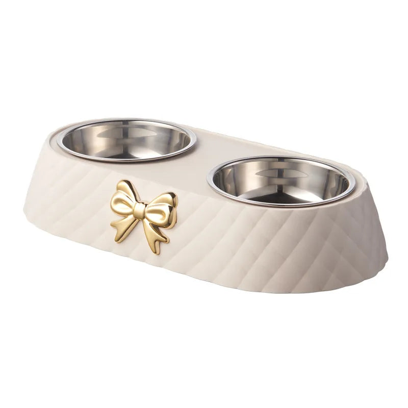 Pet Supplies, Bow-tie Bowknot Cats Food Bowl, PP Base Dog Bowl, Stainless Steel Double Pet Accessories, Feeding Drinking Double Bowl