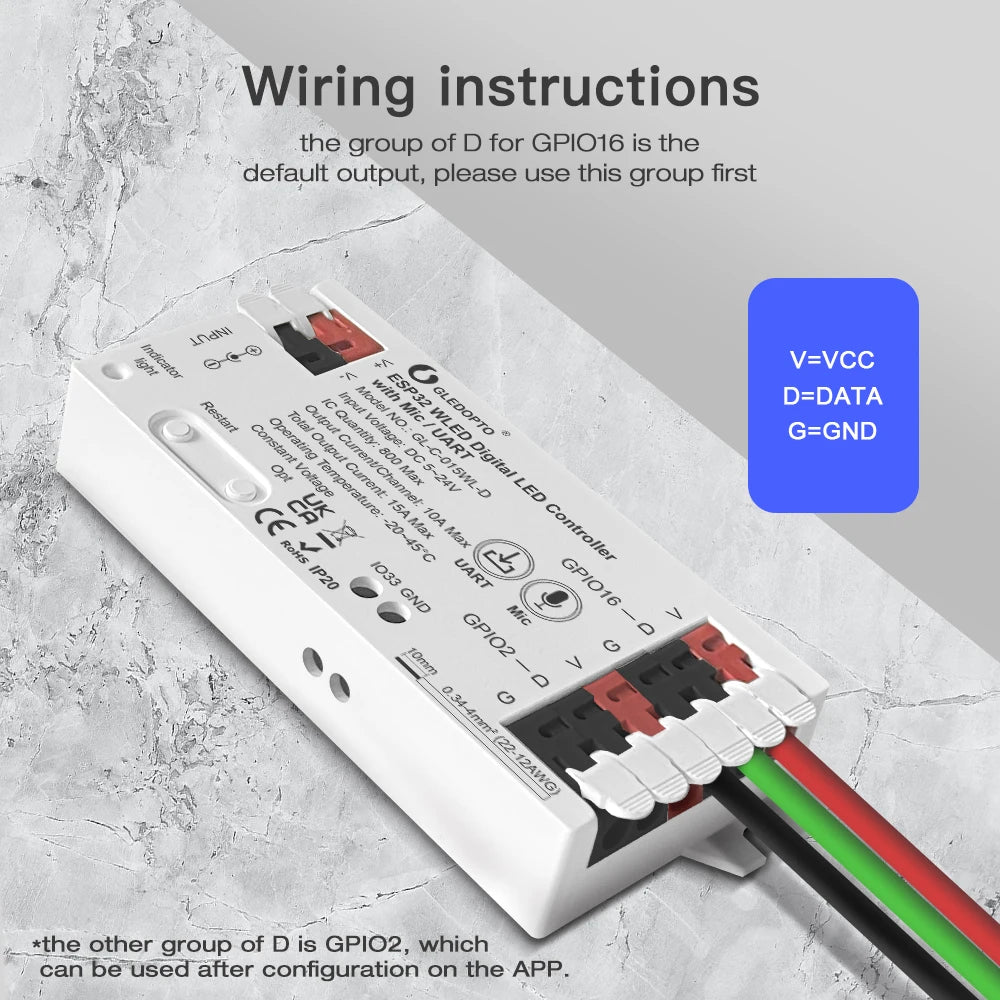 WLED LED Controller, ESP32, Mic Music UART RGB IC Digital Lights Addressable String Lighting, GLEDOPTO