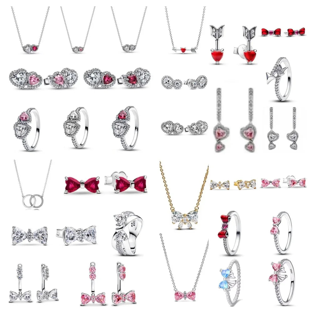 New 925 Silver bow Heart-shaped Ring Necklace, Suitable for Valentine's Day, Holiday Gifts for Women, DIY High-end, Fashion Jewelry