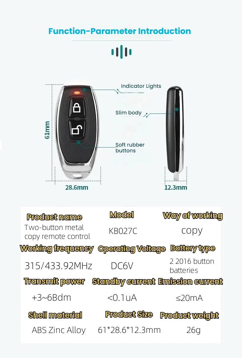 Wireless 433/315MHz RF Remote Control Copy Code 2 Buttons for Garage Door Gate Opener, Home Automation, Car Alarm