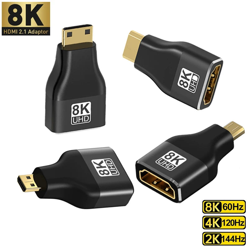 HDMI-Compatible Adapter, Mini/Micro HDMI To HDMI Adapter, 8K 60Hz 4K 120Hz/144Hz Male To Female Converter For HDTV Laptop PS5