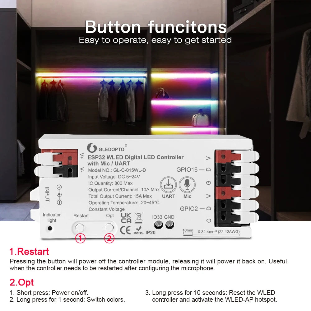 WLED LED Controller, ESP32, Mic Music UART RGB IC Digital Lights Addressable String Lighting, GLEDOPTO