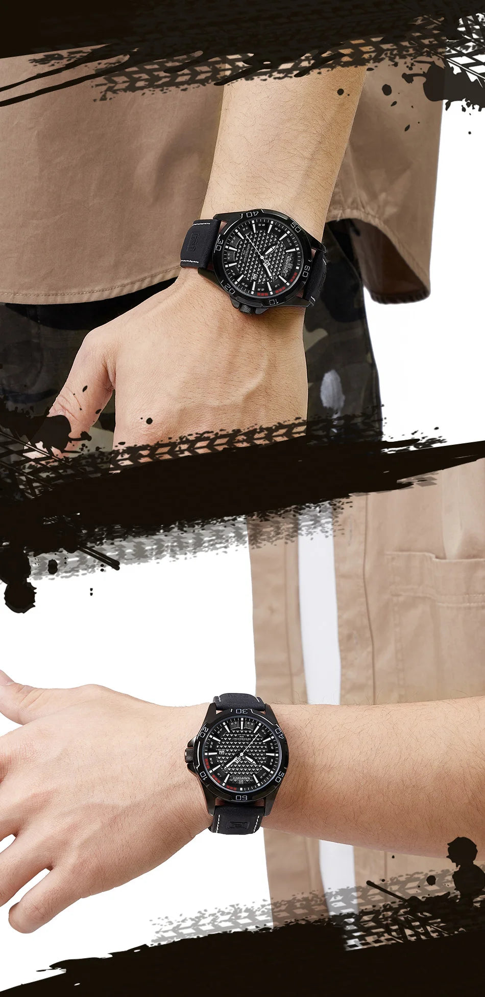 Men Fashion Quartz Watches, Male Leather Strap Sport Waterproof Wristwatches, Calendar Clock, Relogio Masculino, NAVIFORCE