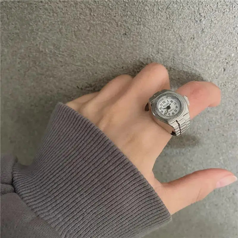 Vintage Punk Finger Watch, Mini Elastic Strap Alloy Watch, Couple Rings, Jewelry Clock, Retro Roman Quartz Watch Rings, For Women, For Men